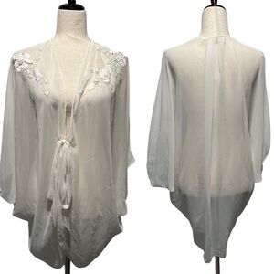 VS gold label sheer ivory robe kimono w ribbon ties satin trim & pearl details